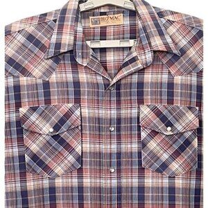BIG MAC Workwear Shirt Mens Plaid Pearl Snap Short Sleeve Chest 50" Length 31"